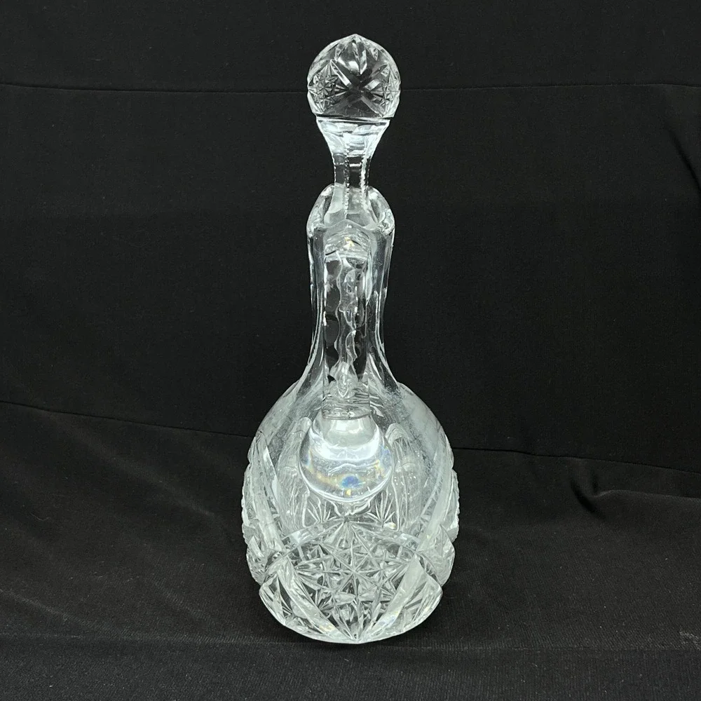 Vintage Cut Glass Handled Cruet‎ Decanter with Stopper Starburst Diamond Pattern